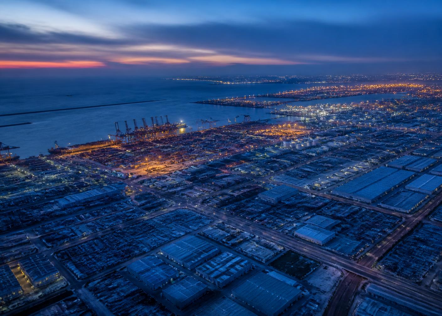 Aerial view of Jebel Ali port and free zone at dusk