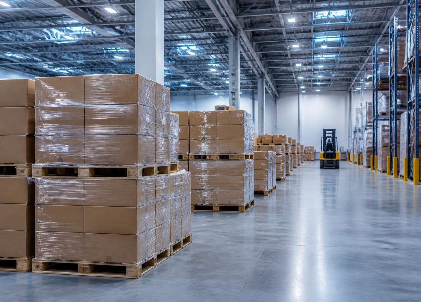 Pallets of wrapped cartons in a distribution warehouse